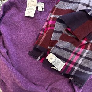 NWT JCrew Purple Sweater and NWT GAP Plaid Scarf Set